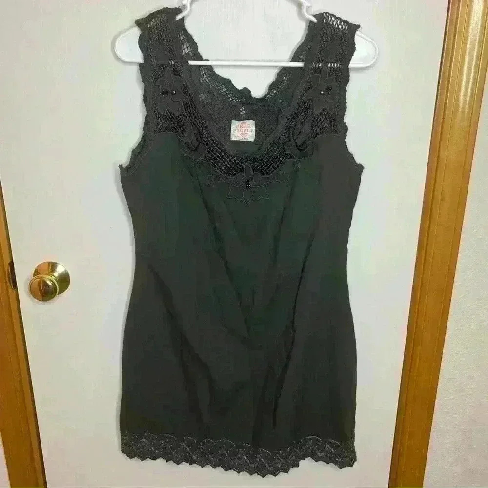 Free People Cotton Dress Crochet Embroidered Medium Boho Beaded Gray Mini Casual
